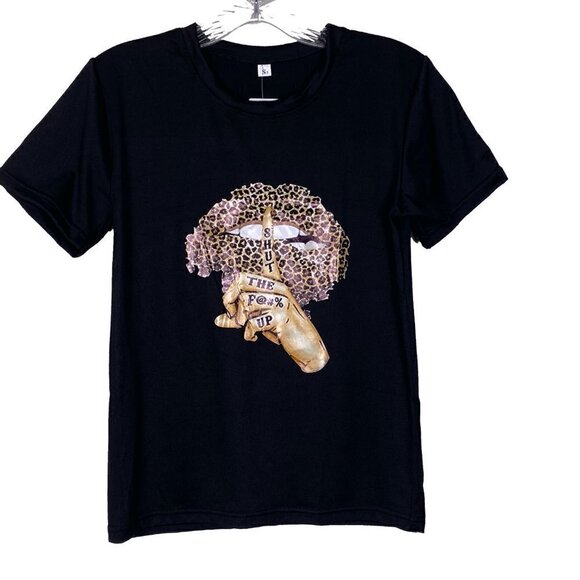 Edgy Street Casual Leopard Lips Soft Black Graphic Short Sleeve Statement Tee - Picture 2 of 6